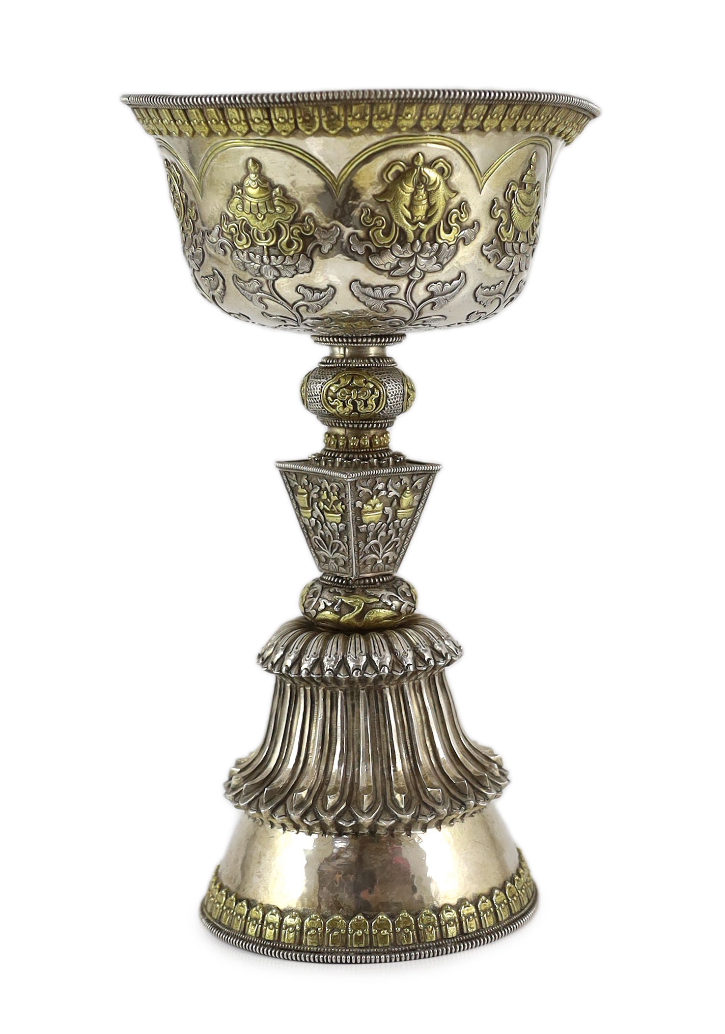 A large Tibetan silver and parcel gilt butter lamp, syou deng, 19th century